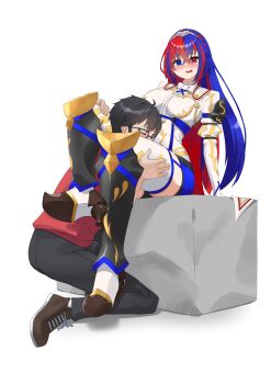 Rule 34 | 1boy, 1girl, absurdres, armor, bike shorts, blue eyes, blue hair, blush, boots, bow, bowtie, chun-li fan, crossed bangs, female alear (fire emblem), fire emblem, fire emblem engage, harness, hetero, heterochromia, highres, kiss, kissing thigh, leg armor, legs, long hair, multicolored hair, nintendo, open mouth, oppaihobby, pointy footwear, red eyes, red hair, shorts, sitting, skirt, thick thighs, thigh grab, thighhighs, thighs