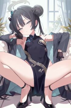 1girl absurdres armpits black_dress black_gloves black_hair black_shoes blue_archive blush braid braided_bun breasts butterfly_hair_ornament china_dress chinese_clothes coat couch covered_navel curtains double_bun dragon_print dress gloves grey_eyes grey_halo hair_bun hair_ornament halo high_heels highres indoors jacket kisaki_(blue_archive) loli long_hair looking_at_viewer no_panties off_shoulder pelvic_curtain pinstripe_jacket pinstripe_pattern print_dress shoes sleeveless sleeveless_dress small_breasts solo spread_legs squatting striped_clothes striped_jacket szkure. thighs trench_coat twintails vertical-striped_clothes vertical-striped_jacket window