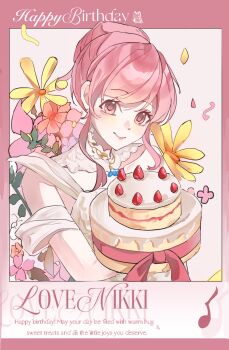 Rule 34 | 1girl, bare shoulders, birthday, birthday cake, border, brown eyes, cake, character name, chinese commentary, closed mouth, clothing cutout, collar, collarbone, commentary request, confetti, detached collar, dot nose, dress, english text, floral background, flower, food, hair bun, happy, happy birthday, high collar, highres, holding, holding cake, holding food, infinity nikki, lace collar, light blush, lipstick, makeup, melody bloom (infinity nikki), musical note, nikki (nikki), nikki (series), no headwear, outside border, pink background, pink border, pink flower, pink hair, pink lips, short hair with long locks, short sleeves, shoulder cutout, sidelocks, single hair bun, smile, solo, updo, upper body, white collar, white dress, yellow flower, yuganzi517