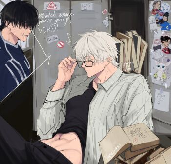 2boys 9enesiass alternate_costume alternate_universe black_pants black_shirt book closed_eyes closed_mouth collared_shirt fushiguro_touji glasses gojou_satoru grey_shirt highres hip_bones jujutsu_kaisen locker male_focus midriff multiple_boys navel_hair pants rectangular_eyewear shirt short_hair solo_focus white_hair