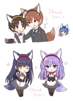 2boys 3girls :d ;) alternate_costume animal_ear_hairband animal_ears apron black_corset black_hair black_hairband black_pantyhose black_shoes black_suit blue_eyes blue_necktie blush bow brown_eyes brown_hair camera chibi chibi_only closed_mouth collared_shirt company_connection corset cropped_torso crossdressing crossdressing_(mtf) crossover dress english_text enmaided eyes_visible_through_hair fake_animal_ears finger_to_mouth formal_clothes fox_ears fox_tail frilled_apron frilled_dress frilled_wrist_cuffs frills full_body grey_dress grey_wrist_cuffs hair_between_eyes hairband hand_on_another&#039;s_back hand_up heart highres holding holding_camera index_finger_raised jitome juliet_sleeves key_(company) kushima_kamome little_busters! long_hair long_sleeves looking_at_another looking_at_viewer maid maid_apron male_focus male_maid multiple_boys multiple_girls nakamura_hinato naoe_riki natsume_kyousuke neck_ribbon necktie nishizono_mio one_eye_closed open_mouth pantyhose puffy_short_sleeves puffy_sleeves purple_hair red_bow red_eyes red_hairband red_ribbon ribbon shirt shoes short_hair short_sleeves simple_background sleeve_bow smile sorakado_ai sparkle standing straight_hair suit summer_pockets tail tareme translated trap triangle_mouth tsurime upper_body very_long_hair white_apron white_background white_shirt wrist_cuffs yaoi yellow_eyes yellow_hairband