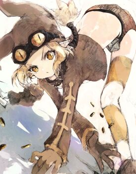 1girl :o back blonde_hair brown_gloves brown_hat brown_jacket brown_shorts coin commentary_request cropped_jacket disgaea gloves goggles goggles_on_head gold_coin hat highres jacket long_sleeves looking_at_viewer pointy_ears ponytail shorts sidelocks slit_pupils striped_clothes striped_thighhighs thief_(disgaea) thighhighs tsutsugano v-shaped_eyebrows white_thighhighs yellow_eyes yellow_thighhighs
