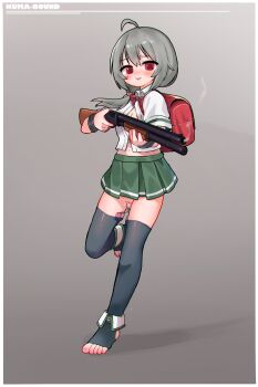 1girl absurdres ahoge artist_name backpack bag black_thighhighs blush border bow bowtie bracelet breasts chromatic_aberration cleavage closed_mouth collared_shirt controller egg_vibrator female_focus finger_on_trigger full_body gradient_background green_skirt grey_background grey_hair gun hair_ornament hair_over_shoulder hands_up happy heart heart_hair_ornament highres holding holding_gun holding_weapon jewelry kuma-bound leg_up loli long_hair looking_at_viewer midriff_peek miniskirt navel no_panties nose_blush object_insertion original pleated_skirt ponytail pussy_juice randoseru red_bow red_bowtie red_eyes remote_control remote_control_vibrator school_uniform sex_toy shiny_clothes shiny_skin shirt short_sleeves shotgun sidelocks simple_background skirt small_breasts smile smoke smoking_barrel solo standing standing_on_one_leg stirrup_legwear thighhighs thighs toeless_legwear toes tongue tongue_out two-handed undersized_clothes vaginal vaginal_object_insertion vibrator vibrator_in_thighhighs watermark weapon white_border white_shirt