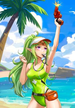 1girl absurdres ahoge arm_up armpits bare_shoulders beach bikini_boody bird blowing_whistle blue_sky breasts circlet cloud collarbone commentary commission covered_navel english_commentary fanny_pack fire_emblem fire_emblem_awakening flare_gun green_hair gun highres holding holding_gun holding_weapon lifeguard long_hair medium_breasts nintendo nowi_(fire_emblem) ocean palm_tree pointy_ears ponytail purple_eyes rock sky solo tree visor_cap water weapon whistle