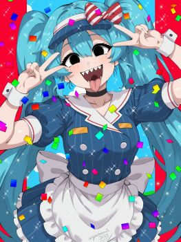 1girl absurdres apron argonchann black_choker black_eyes blue_hair blue_shirt blue_skirt blue_visor bow breasts choker collarbone commentary confetti cowboy_shot diagonal-striped_bow double-parted_bangs double_v frilled_apron frills hair_between_eyes hands_up hatsune_miku highres long_hair looking_at_viewer medium_breasts mesmerizer_(vocaloid) open_mouth puffy_short_sleeves puffy_sleeves red_bow sharp_teeth shirt short_sleeves skirt smile solo striped_bow striped_clothes striped_shirt striped_skirt teeth tongue tongue_out twintails upper_teeth_only v variant_set vertical-striped_clothes vertical-striped_shirt vertical-striped_skirt very_long_hair visor_cap vocaloid waist_apron white_apron white_wrist_cuffs wrist_cuffs