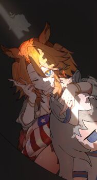 1girl absurdres american_flag american_flag_print animal_ears blonde_hair blue_eyes blue_hair blue_sailor_collar breasts character_doll cleavage closed_mouth collarbone crack_of_light doll ear_ornament flag_print grey_hair highres horse_ears horse_girl jewelry long_hair looking_at_viewer medium_breasts mouchu multicolored_hair necklace obey_your_master_(umamusume) oguri_cap_(starlight_beat)_(umamusume) oguri_cap_(umamusume) one_eye_closed red_skirt sailor_collar shirt skirt smile star-shaped_pupils star_(symbol) star_necklace stuffed_toy sunlight symbol-shaped_pupils umamusume umamusume:_cinderella_gray white_shirt