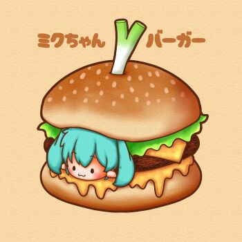 1girl :3 absurdres aqua_hair burger chibi chibi_only commentary_request food hatsune_miku highres in_food sh1n_chan solo spring_onion twintails vocaloid