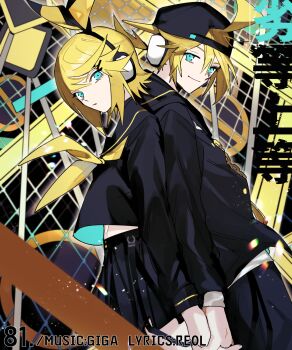 1boy 1girl back-to-back backwards_hat black_jacket black_serafuku blonde_hair blue_eyes brother_and_sister chain commentary_request hat headphones highres holding_hands hood hooded_jacket interlocked_fingers jacket kagamine_len kagamine_rin miniskirt pleated_skirt rettou_joutou_(vocaloid) revision school_uniform serafuku short_hair siblings skirt smile soyaka twins vocaloid