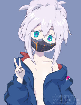 1girl 32zzz artist_name blue_jacket breasts commentary deux_murasame double-parted_bangs freckles green_eyes grey_background grey_hair gundam gundam_gquuuuuux hair_between_eyes hair_bun hand_up head_tilt highres jacket loli long_sleeves looking_at_viewer mask mouth_mask naked_jacket off_shoulder open_clothes open_jacket puffy_long_sleeves puffy_sleeves purple_pupils simple_background single_hair_bun small_breasts solo upper_body v watermark