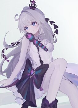 1girl birthday black_bow black_flower blue_eyes bow crown dress flower highres honkai_(series) honkai_impact_3rd kiana_kaslana kiana_kaslana_(herrscher_of_finality) knee_up long_hair looking_to_the_side mini_crown ponytail q0s1s sitting smile solo white_dress white_hair