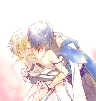 Rule 34 | 1boy, 1girl, arm cutout, arms around waist, ateliermineru, bare shoulders, belt, black belt, black shorts, blonde hair, blue cape, blue sleeves, blue trim, blunt ends, blush, bow, breasts, cape, cleavage, closed eyes, clothing cutout, colored eyelashes, couple, covered collarbone, detached sleeves, dress, eyelashes, flower, genshin impact, hair flower, hair ornament, halterneck, head on another's back, hetero, highres, hug, hug from behind, japanese clothes, kimono, layered sleeves, leaning on person, lower teeth only, lumine (genshin impact), open mouth, purple bow, purple hair, purple sash, sash, scaramouche (genshin impact), scarf, short hair, short hair with long locks, short sleeves, shorts, shoulder peek, sidelocks, teeth, vambraces, wanderer (genshin impact), white dress, white flower, white kimono, white scarf, white sleeves