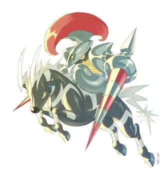 Rule 34 | aqua eyes, colored sclera, commentary, english commentary, escavalier, gen 5 pokemon, highres, lance, nintendo, no humans, pokemon, pokemon (creature), pokemon focus, polearm, riding, riding pokemon, simple background, skelinor, weapon, white background, yellow sclera, zebstrika