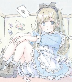 1girl ace_(playing_card) alice's_adventures_in_wonderland alice_(alice_in_wonderland) apron black_bow blonde_hair bloomers blue_dress blue_eyes blush boots bow bug butterfly card closed_mouth commentary cup dress hair_bow hands_on_own_knees highres insect long_hair pale_colors playing_card poranka_(porankaran) sitting solo teacup underwear white_apron