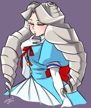 Rule 34 | 1girl, aqua dress, blush, capcom, commentary request, dated, dress, drill hair, elbow gloves, finger to own chin, gloves, grey eyes, grey hair, highres, justice gakuen, kirishima yurika, misodiru, moero! justice gakuen, neck ribbon, ribbon, solo, twin drills, upper body, white gloves