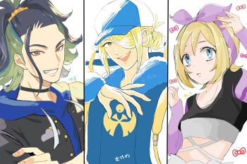 Rule 34 | 1girl, 2boys, adaman (pokemon), adaman (special costume) (pokemon), alternate color, bad id, bad twitter id, blonde hair, blue eyes, blue hoodie, brown eyes, ginkgo guild uniform, green hair, hair over one eye, highres, hood, hoodie, irida (pokemon), irida (special costume) (pokemon), looking at viewer, midriff, multicolored hair, multiple boys, nintendo, official alternate costume, pokemon, pokemon legends: arceus, pokemon masters ex, sakimiyask, two-tone hair, upper body, volo (pokemon)