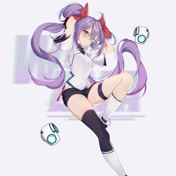 Rule 34 | 1girl, :3, absurdres, ahoge, arms behind head, arms up, asymmetrical legwear, black gloves, black shorts, black thighhighs, blush, bow, breasts, closed mouth, gloves, green eyes, hair between eyes, hair bow, hair ribbon, highres, knee up, kneehighs, long hair, looking at viewer, medium breasts, original, purple hair, red bow, red ribbon, ribbon, scouter, second-party source, shirt, shoes, short shorts, short sleeves, shorts, simple background, single kneehigh, single sock, single thighhigh, small breasts, smile, socks, solo, sylvia (huajiuhuajiu), thigh strap, thighhighs, thighs, tinted eyewear, twintails, uneven legwear, very long hair, white background, white shirt, white socks, wulala (vtuber)