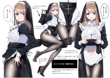 1girl :o black_footwear black_pantyhose black_veil blush reference_sheet clothing_cutout high_heels kneeling kuro_(toi_et_moi) leotard lifting_own_clothes light_brown_hair long_hair long_sleeves looking_at_viewer looking_back looking_to_the_side nail_polish navel navel_cutout nun open_mouth original pantyhose purple_eyes sitting speech_bubble thighband_pantyhose veil white_leotard yokozuwari