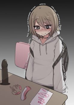 1girl @_@ backpack bag blush commentary_request dildo egg_vibrator embarrassed gradient_background highres hiyama_yuki_(tori) hood hoodie lined_paper note original pink_chair remote_control_vibrator sex_toy shaking solo suction_cup_dildo sweatdrop table torimogura translated trembling vibrator