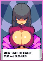 1boy 1girl animated animated_gif arms_behind_back badcolor bdsm big_breasts black_hair bodysuit bondage bound bound_wrists breast_squish breasts breasts_squeezed_together dialogue_box game_over handsfree_paizuri long_hair looking_at_viewer mature_female nintendo paizuri paizuri_under_clothes pixel pixel_art pokemon pokemon_frlg pov precum red_(pokemon) sabrina_(pokemon) sex talking video_game
