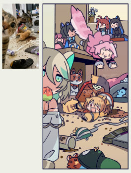 all_fours animal_ears black_hair bobby_(elizabeth_rose_bloodflame) broom cat_ears cecilia_immergreen chattino_(raora_panthera) coat coffee commentary elizabeth_rose_bloodflame english_commentary fongban_illust full_body gigi_murin grem_(gigi_murin) highres hololive hololive_english indoors irys_(hololive) jacket jumping kemonomimi_mode looking_at_viewer messy_room motion_blur mouth_hold mr._squeaks_(hakos_baelz) multicolored_hair nerissa_ravencroft orange_hair orange_jacket otomo_(cecilia_immergreen) ouro_kronii panther_ears panther_girl panther_tail pet_food photo-referenced photo_inset pink_coat pink_hair plant playing potted_plant raora_panthera red_hair reference_inset shelf slippers spill streaked_hair sweatdrop tail twitter_username virtual_youtuber