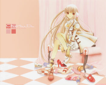 00s blonde_hair brown_eyes chii chobits clamp dress official_art robot_ears shoes solo unworn_shoes