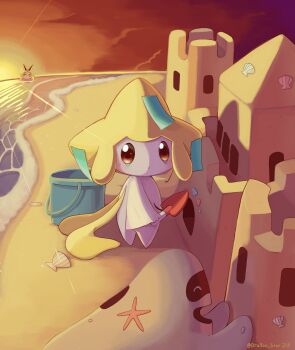 Rule 34 | ^ ^, artist name, beach, brown eyes, bucket, building sand sculpture, caustics, closed eyes, closed mouth, cloud, commentary, dot mouth, dragon star213, facial mark, gen 3 pokemon, gen 5 pokemon, gen 7 pokemon, happy, highres, holding, holding shovel, innertube, jirachi, legendary pokemon, looking at viewer, looking to the side, mythical pokemon, nintendo, on innertube, open mouth, outdoors, palossand, pokemon, pokemon (creature), sand, sand bucket, sand castle, sand sculpture, sandygast, scallop, seashell, shell, shore, shovel, sky, sleeping, smile, starfish, sun, sunset, swim ring, tanzaku, twitter username, victini