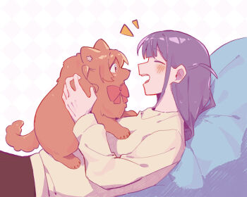 Rule 34 | 1girl, :d, aijou karen, animal, animal on chest, animalization, argyle background, bean bag chair, black pants, blunt bangs, blush, bow, bowtie, brown eyes, brown shirt, chinese commentary, closed eyes, commentary request, cowboy shot, dog, facing another, from side, hand up, highres, long hair, long sleeves, looking at another, lying, notice lines, on back, one side up, open mouth, pants, pink background, profile, purple hair, red bow, red bowtie, rei931218, shirt, shoujo kageki revue starlight, sidelocks, smile, teeth, tsuyuzaki mahiru, two-tone background, upper teeth only, white background