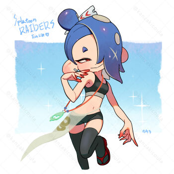 1girl absurdres bike_shorts black_shorts blue_background blue_hair border closed_mouth commentary_request coula_cat crop_top cropped_legs earrings fish_hook_earrings hair_over_one_eye highres jewelry long_hair navel nintendo octoling official_alternate_costume okobo outside_border platform_sandals red_eyes sandals shiver_(splatoon) shiver_(splatoon_raiders) short_eyebrows short_shorts shorts single_earring smile solo sparkle splatoon_(series) splatoon_raiders standing standing_on_one_leg tabi tentacle_hair thick_eyebrows topknot watermark watermark_grid white_border