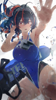 Rule 34 | 1girl, absurdres, all fours, arm up, armpits, artist request, black hair, blue one-piece swimsuit, blush, breasts, covered navel, from below, grey background, hairband, hand up, highleg, highleg one-piece swimsuit, highres, large breasts, lifeguard, looking at viewer, metal hairband, multicolored hair, one-piece swimsuit, open mouth, red eyes, red hair, solo, streaked hair, surfboard, swimsuit, water drop, wet, whistle, whistle around neck, zenless zone zero, zhu yuan