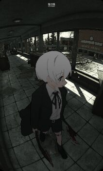 Rule 34 | 1boy, abandoned, absurdres, axe, black eyes, black jacket, black lagoon, black shoes, black shorts, broken window, closed mouth, collared shirt, commentary request, day, escape from tarkov, fisheye, foreshortening, glass wall, hallway, hansel (black lagoon), hayasabro, highres, holding, holding axe, holding sword, holding weapon, indoors, jacket, jaggy lines, knife, kukri, looking to the side, male focus, neck ribbon, open clothes, open jacket, ribbon, shirt, shoes, shorts, smile, solo, sword, tile floor, tiles, weapon, white hair