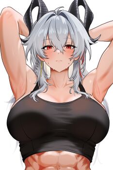 Rule 34 | 1girl, abs, absurdres, bamboo tac, bare shoulders, biceps, black sports bra, blush, breasts, cleavage, collarbone, commentary request, grey hair, highres, horns, large breasts, long hair, looking at viewer, multicolored hair, muscular, muscular female, red eyes, solo, sports bra, streaked hair, wuthering waves, zani (wuthering waves)