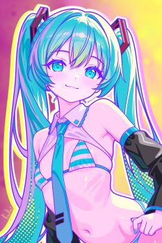 1girl :3 absurdres bikini black_sleeves blue_bikini blue_eyes blue_hair blue_necktie blush closed_mouth commentary detached_collar detached_sleeves finn_flint gradient_background hatsune_miku highres long_hair long_sleeves looking_at_viewer miku_collar_bikini navel necktie outline red_background smile solo striped_bikini striped_clothes swimsuit symbol-only_commentary tie_clip twintails upper_body vocaloid yellow_background