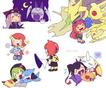 Rule 34 | absurdres, aegisdramon, aiba ami, armor, crescent moon, crests (digimon), dianamon, digimon, digimon (creature), female protagonist (digimon story), goggles, goggles on head, hat, heart, highres, horns, kizuna (digimon), long hair, mask, moon, omegamon, purple eyes, purple hair, sayo (digimon), shiki (digimon world -next 0rder-), shinomiya rina, v-mon