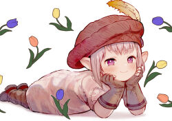 Rule 34 | 1girl, beret, brown gloves, brown pants, elbow gloves, elbow rest, final fantasy, final fantasy xiv, fingerless gloves, flower, full body, gloves, hands on own cheeks, hands on own face, hat, hat feather, jacket, lalafell, looking at viewer, lying, mugi kosuta, on stomach, orange flower, orange tulip, pants, pink eyes, pink hair, pink jacket, pointy ears, purple flower, purple tulip, red footwear, red hat, shoes, short hair, simple background, smile, solo, tataru taru, tulip, white background, yellow flower, yellow tulip