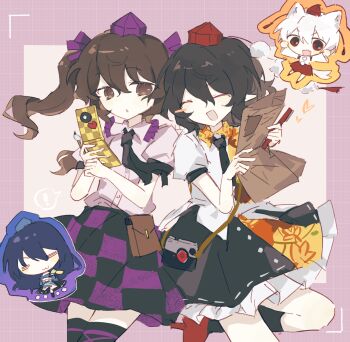 Rule 34 | 4girls, :3, :d, :o, animal ears, black hair, black necktie, black skirt, black socks, blue dress, blush, brown hair, camera, chibi, closed eyes, collared shirt, commentary, crossed arms, detached sleeves, dress, fang, frills, geta, hair between eyes, hat, highres, himekaidou hatate, holding, holding newspaper, holding pen, holding phone, iizunamaru megumu, inubashiri momiji, leaf print, long hair, maple leaf print, medium hair, multiple girls, necktie, newspaper, open mouth, pen, phone, pink shirt, plaid clothes, plaid skirt, pointy ears, pom pom (clothes), purple skirt, red eyes, red skirt, shameimaru aya, shirt, short sleeves, skin fang, skirt, sleeveless, sleeveless shirt, smile, socks, tail, tengu-geta, thighs, tokin hat, touhou, twintails, white hair, white shirt, wolf ears, wolf girl, wolf tail, wusem0108