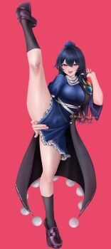 1girl black_hair blue_dress blue_hat coat dress geta hair_between_eyes hat highres iizunamaru_megumu long_hair long_sleeves mizuki_mukawa pointy_ears red_eyes short_dress short_sleeves shoulder_guard simple_background sleeveless sleeveless_coat smile socks solo split standing standing_on_one_leg standing_split tengu-geta thick_thighs thighs tokin_hat touhou