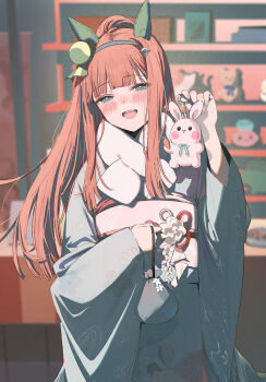1girl :d animal_charm animal_ears aqua_eyes blunt_bangs blurry blurry_background blush charm_(object) commentary_request ear_covers emyo hair_ornament highres holding holding_charm horse_ears horse_girl japanese_clothes kimono long_hair looking_at_viewer obi open_mouth orange_hair rabbit_charm sash silence_suzuka_(umamusume) smile solo umamusume white_kimono white_sash