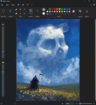 1other art_program_in_frame black_cloak blue_sky christian_young cloak cloud cloudy_sky day from_behind full_body hill holding holding_scythe hood hood_up hooded_cloak meadow microsoft_paint_(medium) microsoft_paint_(software) original outdoors scenery screencap scythe shaped_cloud skull sky sky_focus solo standing