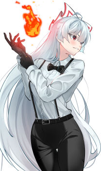 1girl absurdres adjusting_clothes adjusting_gloves ahoge alternate_costume belt black_bow black_bowtie black_gloves black_pants blush bow bowtie butler commentary crossdressing crossdressing_(ftm) female_butler fire fujiwara_no_mokou gloves grin highres light_smile long_hair long_sleeves looking_to_the_side maaakaronii pants shirt shirt_tucked_in simple_background smile solo straight_hair suspender_pants thigh_gap touhou very_long_hair white_background white_bow white_shirt
