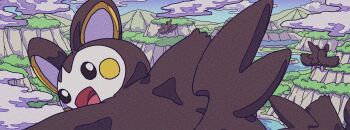 blue_sky cloud emolga flying flying_squirrel gen_5_pokemon looking_back mountain nintendo no_humans onamuzi_illust open_mouth outdoors pokemon pokemon_(creature) pokemon_focus river sky smile squirrel water wings