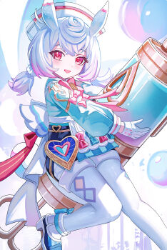 1girl absurdres animal animal_ears blue_bow blue_hair bow bowtie bubble commentary genshin_impact gloves hair_between_eyes hair_ornament hat highres holding long_hair long_sleeves looking_at_viewer melusine_(genshin_impact) multicolored_hair nurse_cap open_mouth oversized_object pantyhose pink_hair pom_pom_(clothes) pom_pom_hair_ornament red_bow red_bowtie red_eyes shoes sigewinne_(genshin_impact) solo white_gloves white_pantyhose white_shoes wuzhihuijia