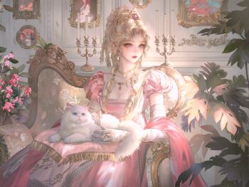 1girl absurdres animal animal_on_lap blonde_hair blue_eyes braid breasts candle cat cleavage dress earrings flower gloves hair_ornament highres holding indoors jewelry large_variant_set long_hair necklace on_lap original pearl_necklace picture_frame pink_dress plant puffy_short_sleeves puffy_sleeves ring short_sleeves sitting solo variant_set white_cat white_gloves xixizi