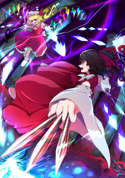 Rule 34 | 2girls, absurdres, ascot, battle, between fingers, blonde hair, bow, broken pillar, brown hair, collared shirt, commentary, crystal, crystal wings, danmaku, detached sleeves, duel, embodiment of scarlet devil, energy bullet, flandre scarlet, frilled shirt collar, frilled skirt, frills, guminemi, hair bow, hair tubes, hakurei reimu, hat, hat ribbon, highres, holding, laevatein (touhou), long hair, mob cap, multicolored wings, multiple girls, needle, one side up, open mouth, orb, puffy short sleeves, puffy sleeves, red ascot, red bow, red eyes, red skirt, red vest, ribbon, ribbon-trimmed sleeves, ribbon trim, shirt, short sleeves, skirt, skirt set, smile, throwing needles, touhou, vest, white hat, wings, yellow ascot, yin yang, yin yang orb