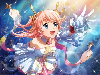 Rule 34 | 1girl, arm up, blue eyes, collarbone, detached collar, detached sleeves, dithering, dress, earrings, frilled sleeves, frills, game cg, gears, gloves, headpiece, jewelry, long hair, looking up, nonomiya lalafin, official art, open mouth, pink hair, shoujo kageki revue starlight, shoujo kageki revue starlight -re live-, solo, strapless, strapless dress, tarot, two side up, upper body, white dress, white gloves, white sleeves