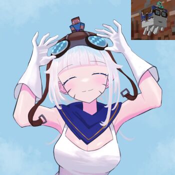 1boy 1girl :3 absurdres arched_bangs armpits arms_up aviator_cap aviator_sunglasses bandana bandana_around_neck blue_background blue_bandana blue_hair blunt_bangs breasts brown_hat cleavage closed_eyes closed_mouth commentary dark-skinned_male dark_skin elbow_gloves english_commentary eyebrows_hidden_by_hair facial_mark facing_viewer ghast giant giantess gloves goggles gradient_hair hair_flaps happy_ghast hat head_tilt highres holding holding_goggles light_blush long_hair medium_breasts minecraft mrjjcube multicolored_hair on_head pale_skin person_on_head raised_eyebrows reference_sheet short_bangs short_hair_with_long_locks smile solo_focus steve_(minecraft) strap sunglasses tank_top upper_body white_gloves white_hair white_tank_top