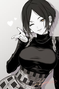 1girl blowing_kiss breasts commentary_request earrings greyscale hair_intakes hayami_kanade highres idolmaster idolmaster_cinderella_girls jewelry koya_(koya_x_00) large_breasts long_sleeves monochrome necklace one_eye_closed parted_bangs pom_pom_(clothes) pom_pom_earrings short_hair signature sleeves_past_wrists smile solo spot_color sweater turtleneck turtleneck_sweater yellow_eyes