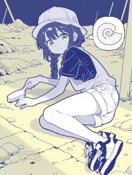 1girl artist_name blue_theme braid bucket_hat fossil genroku halftone hat highres legs_together limited_palette low_twin_braids lying on_side original rock shoes short_sleeves shorts smile sneakers solo spoken_object twin_braids watermark yellow_theme