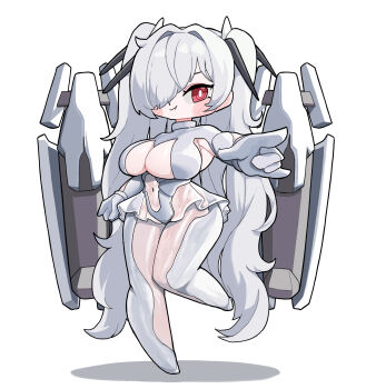 1girl :t \m/ absurdres armpit_cutout bodysuit breasts bright_pupils cinderella_(nikke) cleavage cleavage_cutout closed_mouth clothing_cutout covered_navel deformed full_body gloves goddess_of_victory:_nikke hair_ornament hair_over_one_eye highres kokee12 large_breasts leotard long_hair looking_at_viewer machinery pointing pointing_at_viewer pout red_eyes see-through_bodysuit see-through_clothes see-through_skirt skirt smile solo stomach_cutout twintails very_long_hair white_bodysuit white_gloves white_hair white_pupils