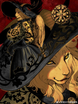 2girls absurdres artist_name black_feathers black_gloves black_hat black_scarf blonde_hair breasts brown_horns clothing_cutout cowboy_shot crest curled_horns demon_girl demon_horns dungeon_meshi feathers floral_print from_above furry furry_female genderswap genderswap_(mtf) gloves gold_shirt golden_feathers golden_fur golden_wings hat hat_feather high-waist_skirt highres horns horns_through_headwear huge_breasts huge_horns lion_girl lion_tail long_horns long_skirt long_sleeves long_tail looking_at_viewer mature_female medium_hair multiple_girls outline own_hands_together parted_lips partially_shaded_face portrait red_background scarf shirt_tucked_in sideways_glance simple_background skirt solo standing sun_hat tail tail_through_clothes v-shaped_eyebrows watermark wavy_hair weibo_username weibo_watermark winged_lion_(dungeon_meshi) wushutaichuitousangqideyizhichong yellow_eyes yellow_outline