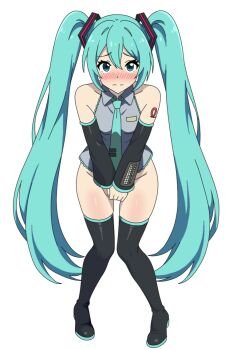 Rule 34 | 1girl, aqua eyes, aqua hair, aqua necktie, black sleeves, black thighhighs, bottomless, closed mouth, collared shirt, commentary, covering crotch, covering privates, detached sleeves, dot nose, embarrassed, full body, grey shirt, hatsune miku, knees together feet apart, long hair, long sleeves, looking at viewer, mnkr98, necktie, raised inner eyebrows, shirt, simple background, sleeveless, sleeveless shirt, solo, split mouth, standing, thighhighs, twintails, very long hair, vocaloid, white background, wing collar